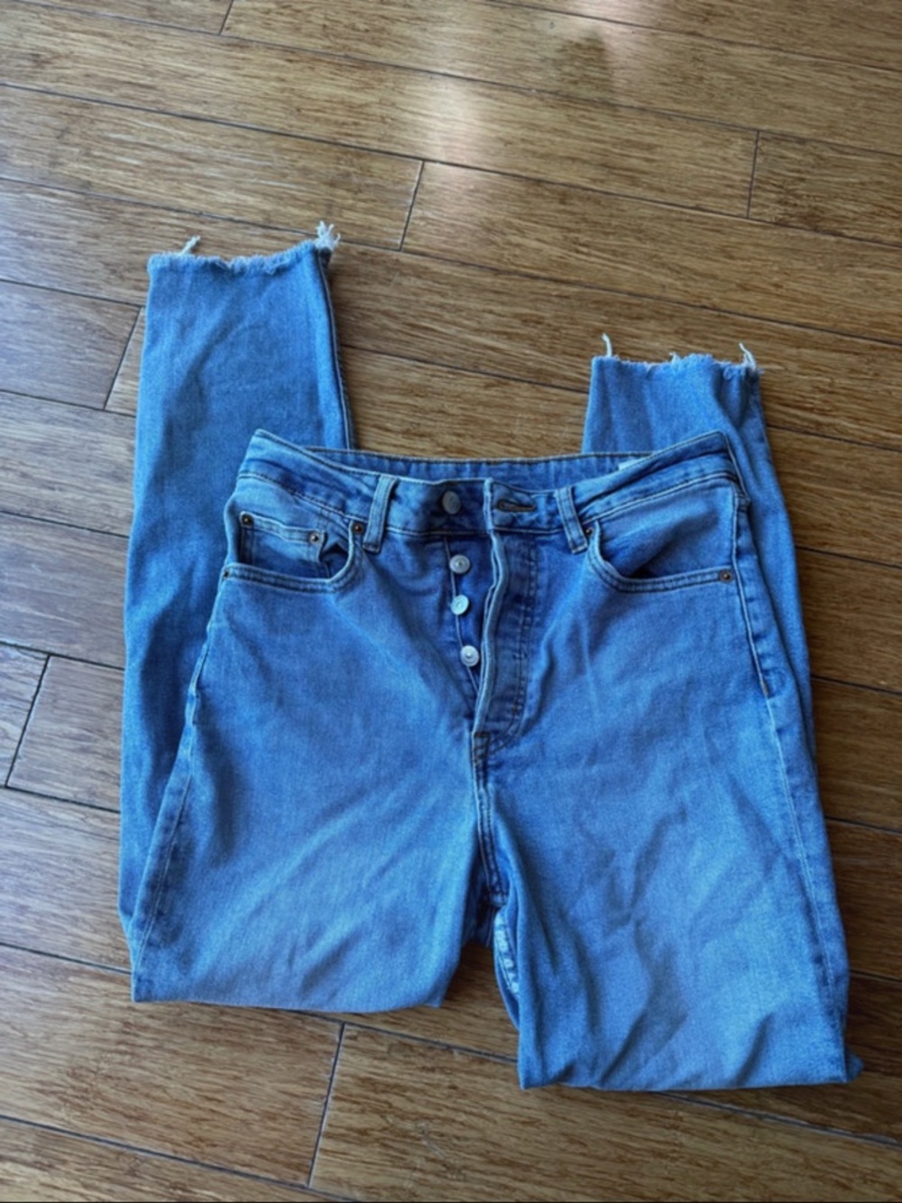 H&M High-Rise Button-Fly Jeans in Medium Blue Denim